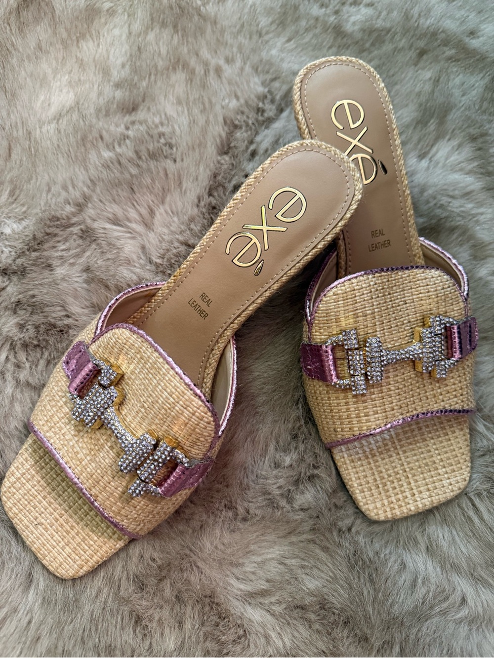 NEW Exe Women’s Heeled Slide Tan/Purple w/ Embellished Crystal Horse Bit Design